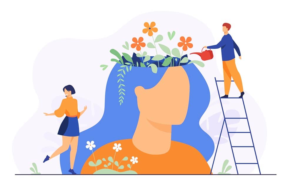 How to Lose Arm Fat? | Arm Liposuction vs. Exercise 1 – tiny people beautiful flower garden inside female head isolated flat illustration